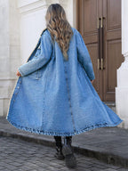Long Denim Sherpa Coat | Cotton Lining, Warm Overcoat