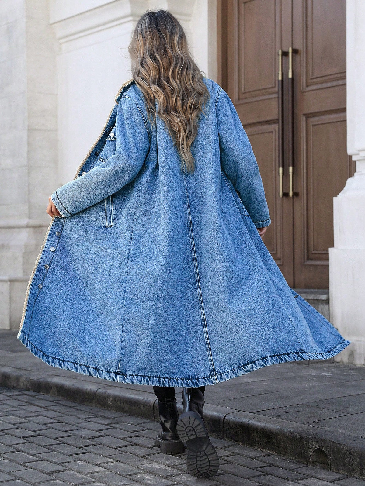 Long Denim Sherpa Coat | Cotton Lining, Warm Overcoat