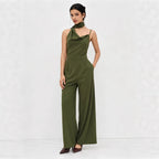 Elegant Olive Green Halter Wide-Leg Jumpsuit