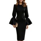 Women's Solid White Bell‑Sleeve Gold‑Button Pocket Pencil Midi Dress