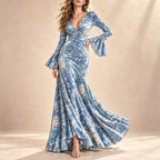 Floral Print V-Neck Bell Sleeve Maxi Dress