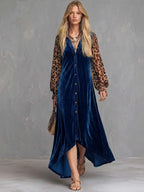 Velvet Button-Front Maxi Dress with Sheer Leopard Print Sleeves