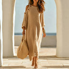 Linen‑Blend Cold‑Shoulder Button Detail Loose Maxi Dress