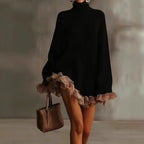 Loose Fit Long Sleeve Knit Sweater Dress Contrast Mesh Ruffle Trim