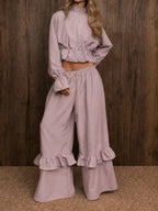 Casual Dusty Lavender Cropped Jacket and Flared Ruffle Pant Set