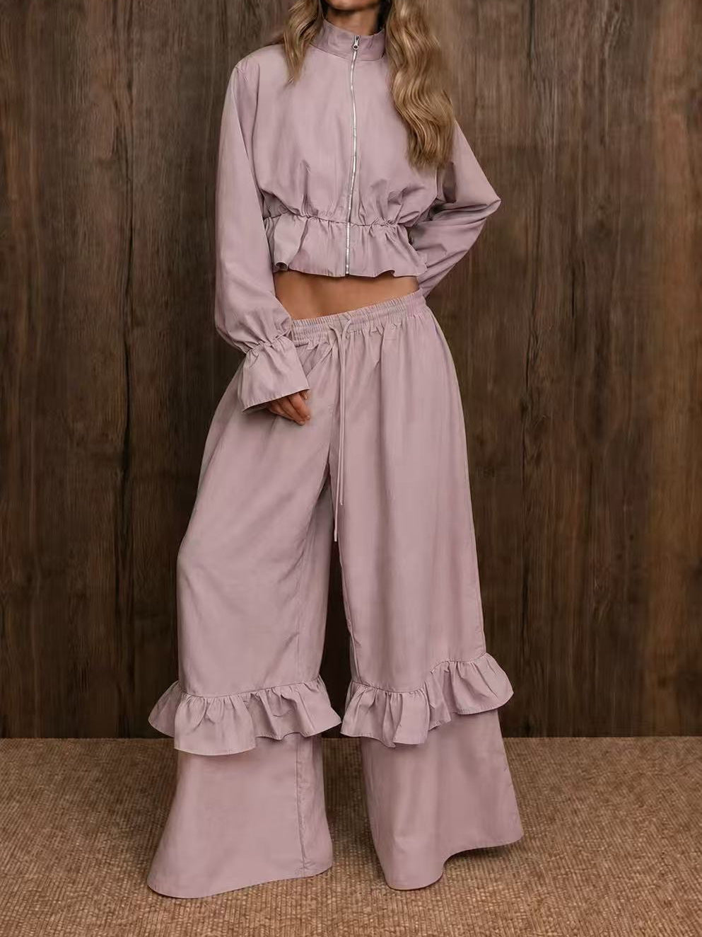 Casual Dusty Lavender Cropped Jacket and Flared Ruffle Pant Set