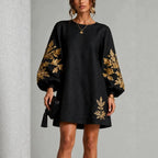 Black Linen Shift Mini Dress with Gold Leaf Embroidery Balloon Long Sleeves