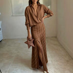 Women Striped Long‑Sleeve Shirt & High‑Slit Maxi Skirt Two‑Piece Set
