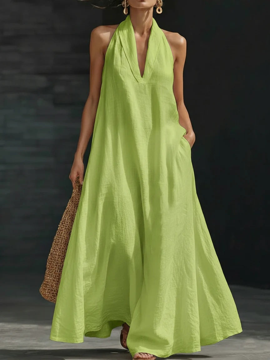 Elegant Black Halter Neck Maxi Dress – Casual Loose Cotton Linen Sundress with Pockets