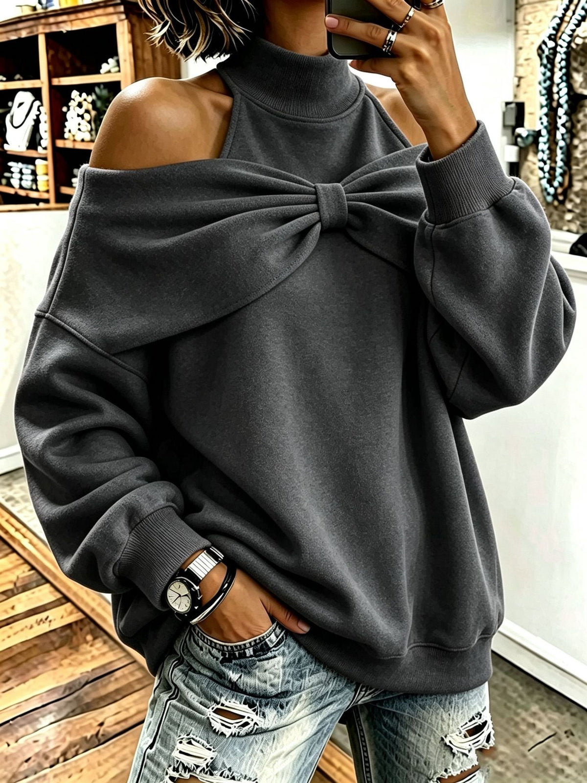 Chic Oversized Mock Neck Sweatshirt With Bow Detail
