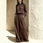 Women'S Gathered High‑Neck Blouse & Pleated Wide‑Leg Pants Two‑Piece Set