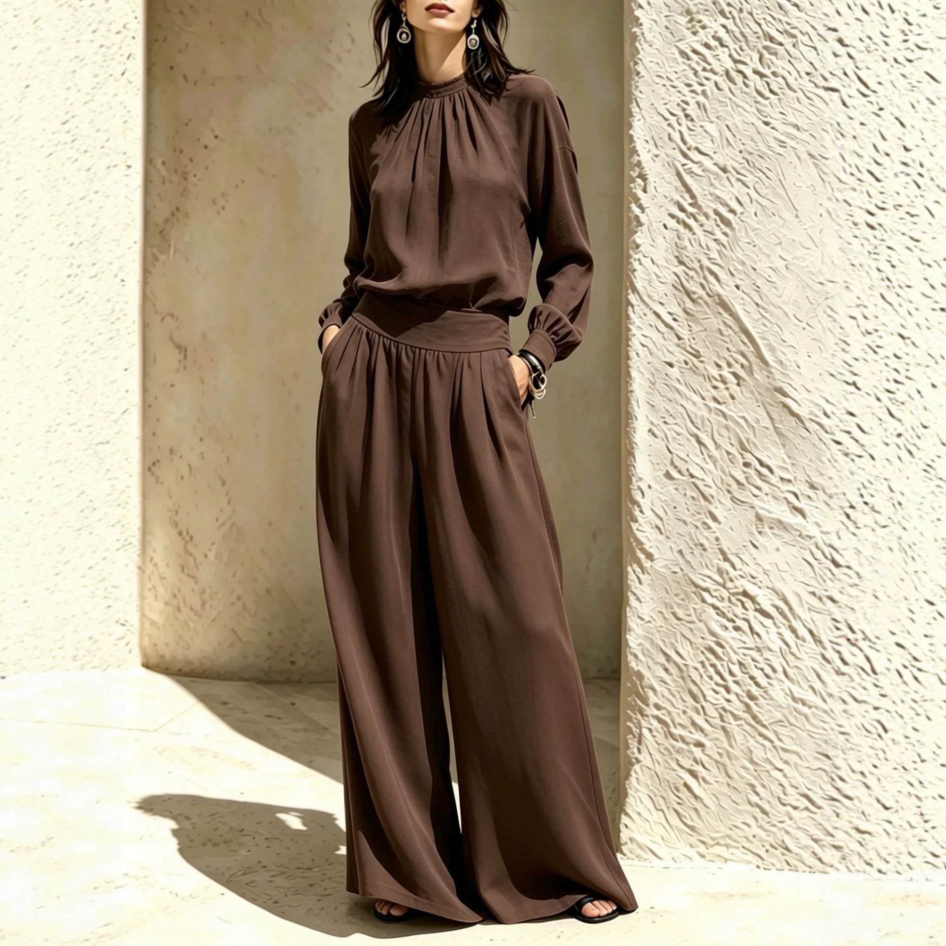 Women'S Gathered High‑Neck Blouse & Pleated Wide‑Leg Pants Two‑Piece Set