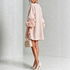 Women Blush Pink Fabric Floral Appliqué Balloon‑Sleeve Shift Mini Dress