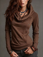 Women Cowl Neck Hooded Sweatshirt Asymmetric Button Long Sleeve Slim Fit Hoodie