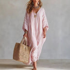Women's Light Striped Linen-Blend Kaftan Maxi Dress - Oversized V-Neck Beach Cover-Up