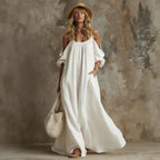 Cold Shoulder Puff Sleeve Pocketed Flowy White Maxi Caftan Dress