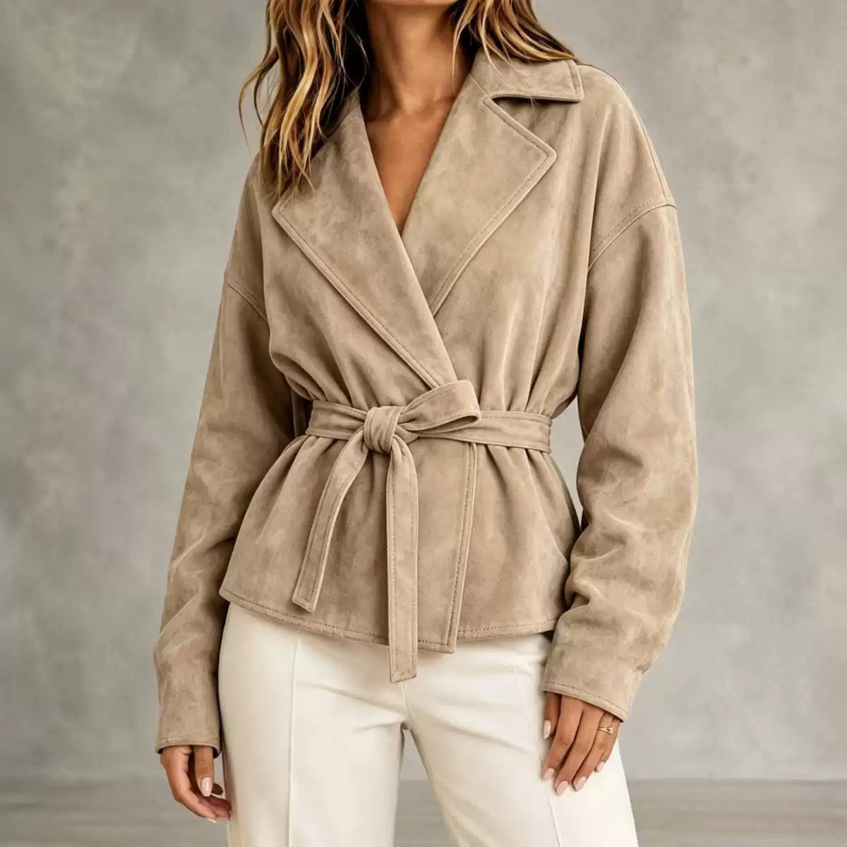 Women's Faux Suede Wrap Jacket with Self-Tie Belt