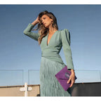 Women Deep V Puff Sleeve Wrap Fringe Midi Dress