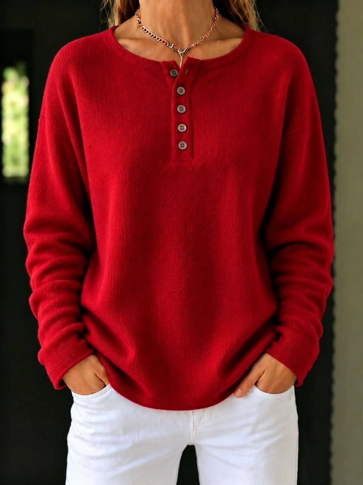 Relaxed Henley Knit Sweater