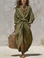 Women'S Solid Color Shirt Collar Single-Breasted Pocket Cardigan Long-Sleeved Casual Dress