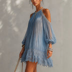 Dusty Blue Pleated Cold Shoulder Mini Dress