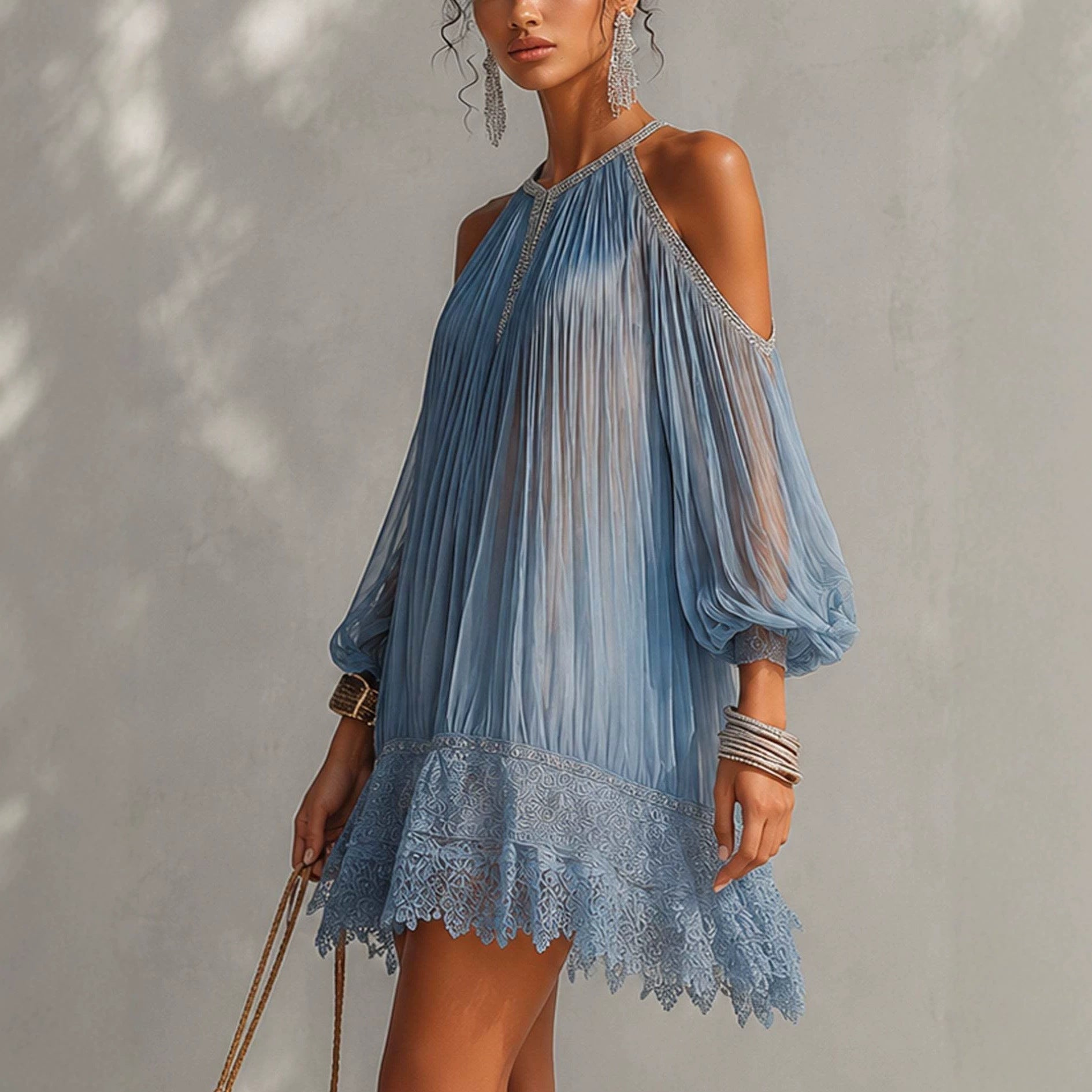 Dusty Blue Pleated Cold Shoulder Mini Dress