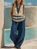 V-Neck Sleeveless Vest Wide-Leg Pants Suit Loose Casual Two-Piece Set For Women