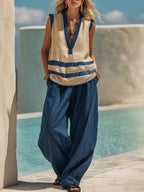 V-Neck Sleeveless Vest Wide-Leg Pants Suit Loose Casual Two-Piece Set For Women