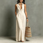 Women's Minimalist Linen-Blend Collared Single-Breasted Sleeveless Maxi Shirt Dress