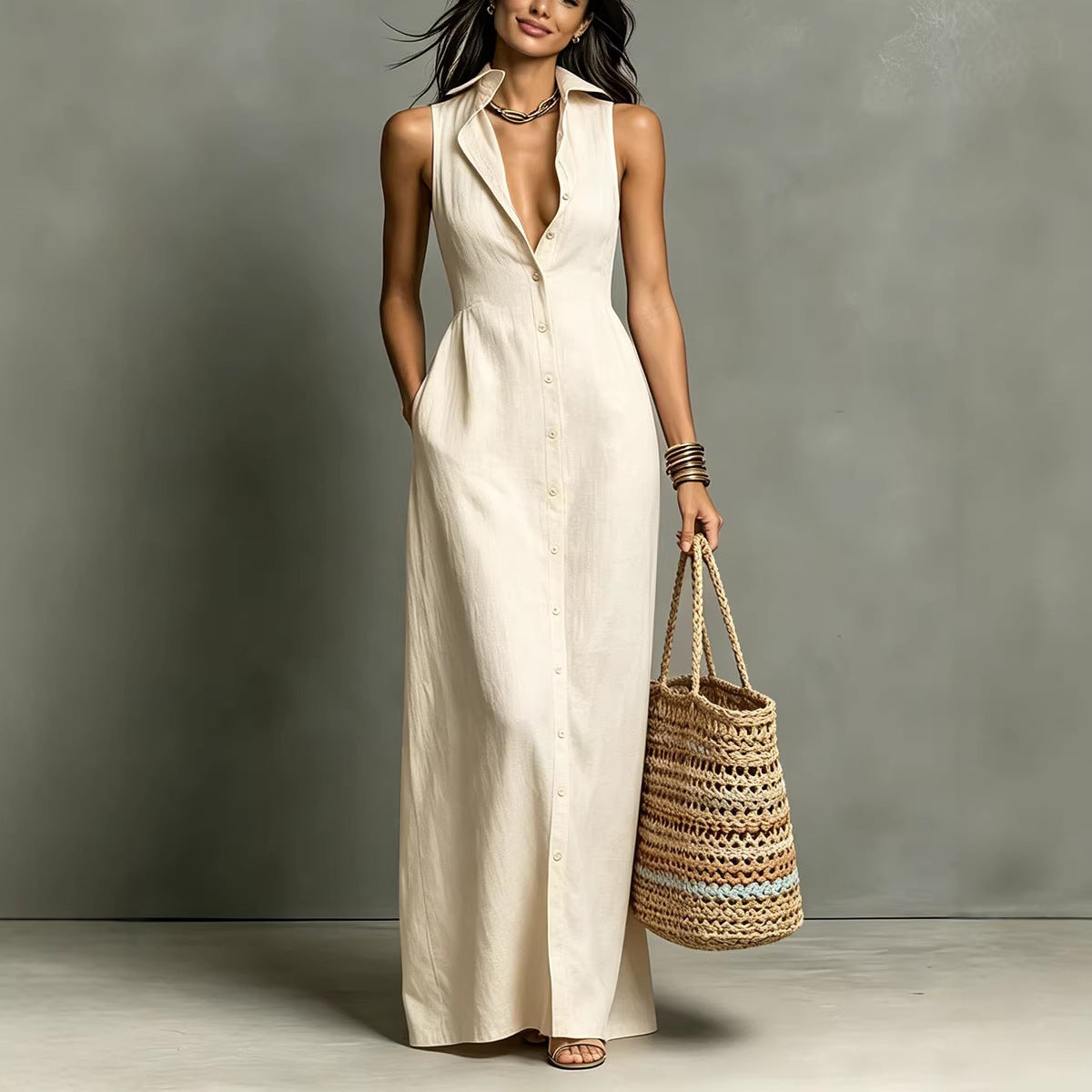 Women's Minimalist Linen-Blend Collared Single-Breasted Sleeveless Maxi Shirt Dress