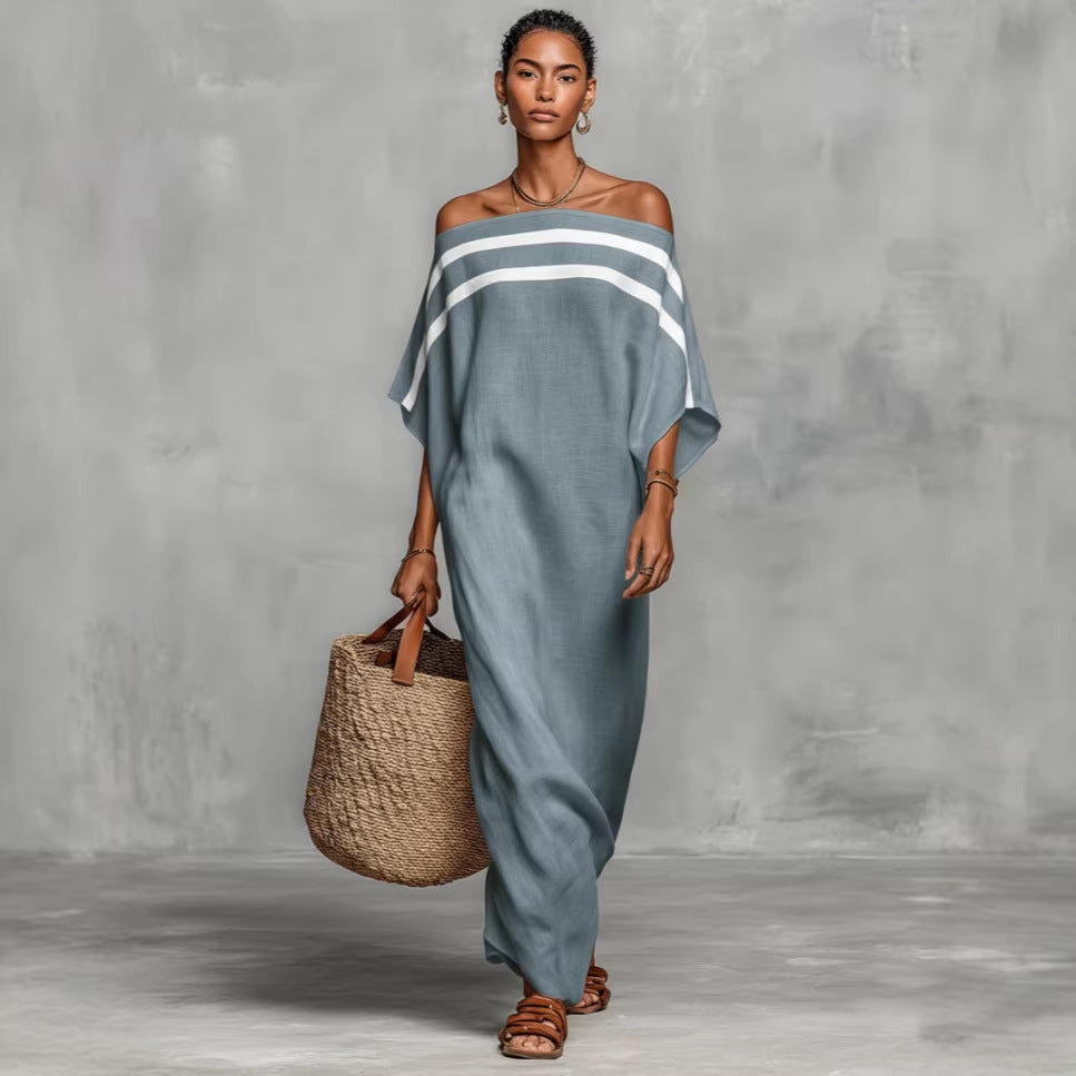 Stripe Off Shoulder Batwing Linen Maxi Kaftan Dress