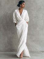 Women's Wrap‑Front Draped Linen Maxi Dress
