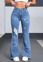 Light Blue Stretch Denim with Frayed Heart Patches