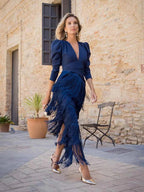 Women Deep V Puff Sleeve Wrap Fringe Midi Dress