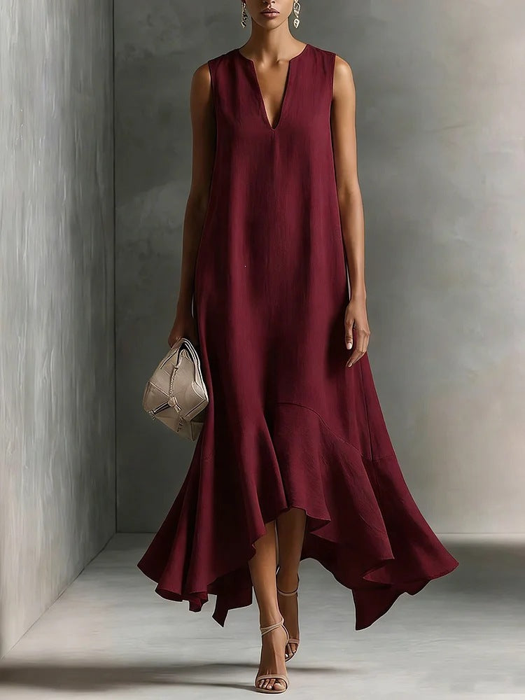 Sleeveless V-Neck Linen Midi Dress with Ruffled Hem
