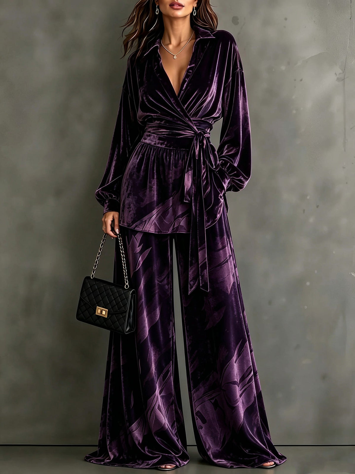Velvet Wrap Blouse & Wide-Leg Pant Set – Printed Two-Piece