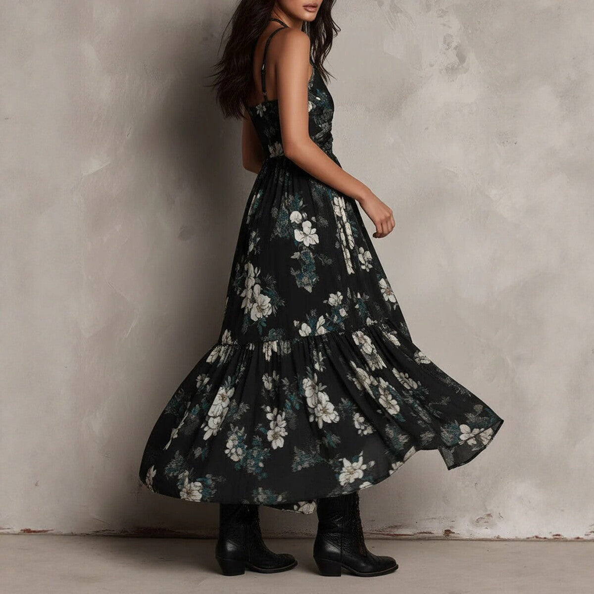 Black Floral High-Low Maxi Dress