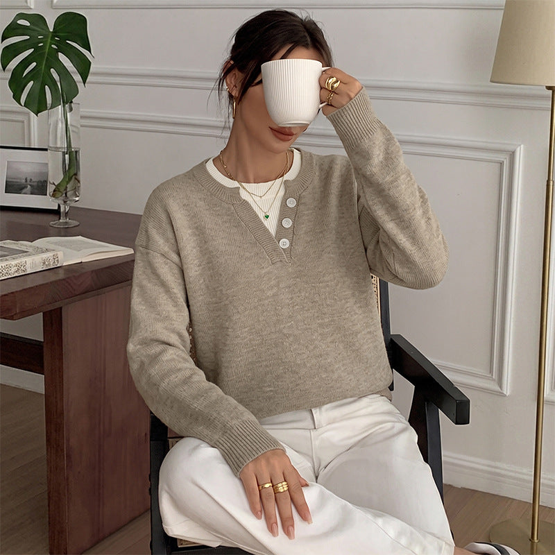 Women's Henley Button Notch Neck Drop‑Shoulder Long Sleeve Knit Sweater