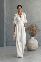 Women'S Surplice V‑Neck Cuffed Sleeve Wide‑Leg Linen‑Blend Jumpsuit
