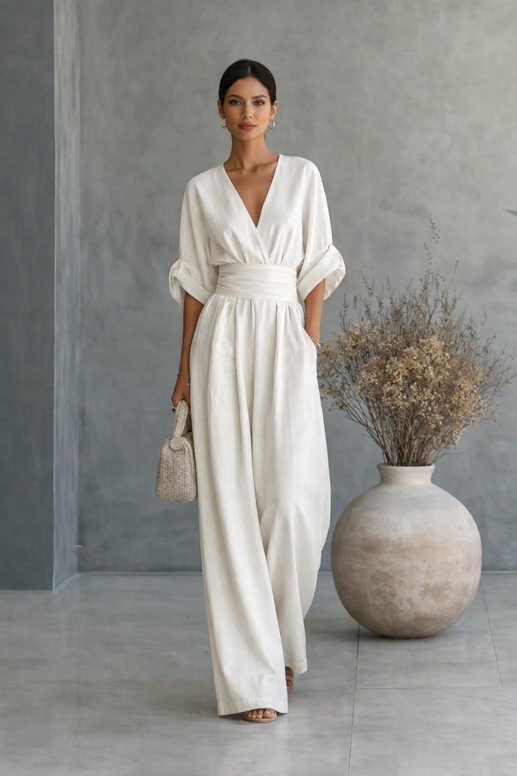 Women'S Surplice V‑Neck Cuffed Sleeve Wide‑Leg Linen‑Blend Jumpsuit