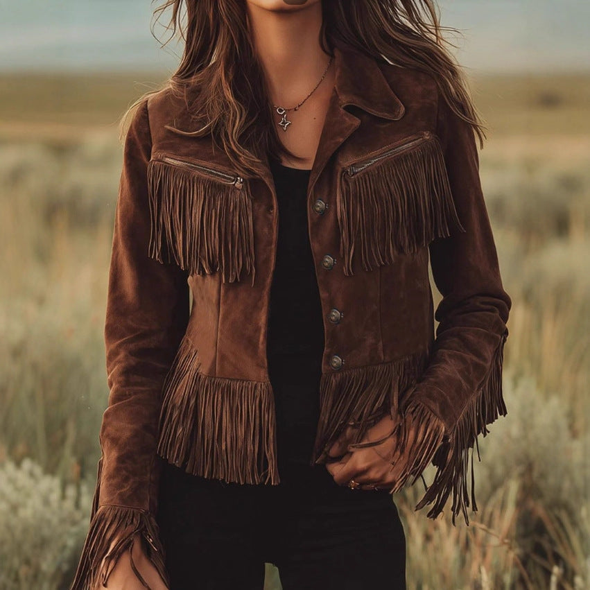 Solid Color Lapel Short Tassel Suede Jacket