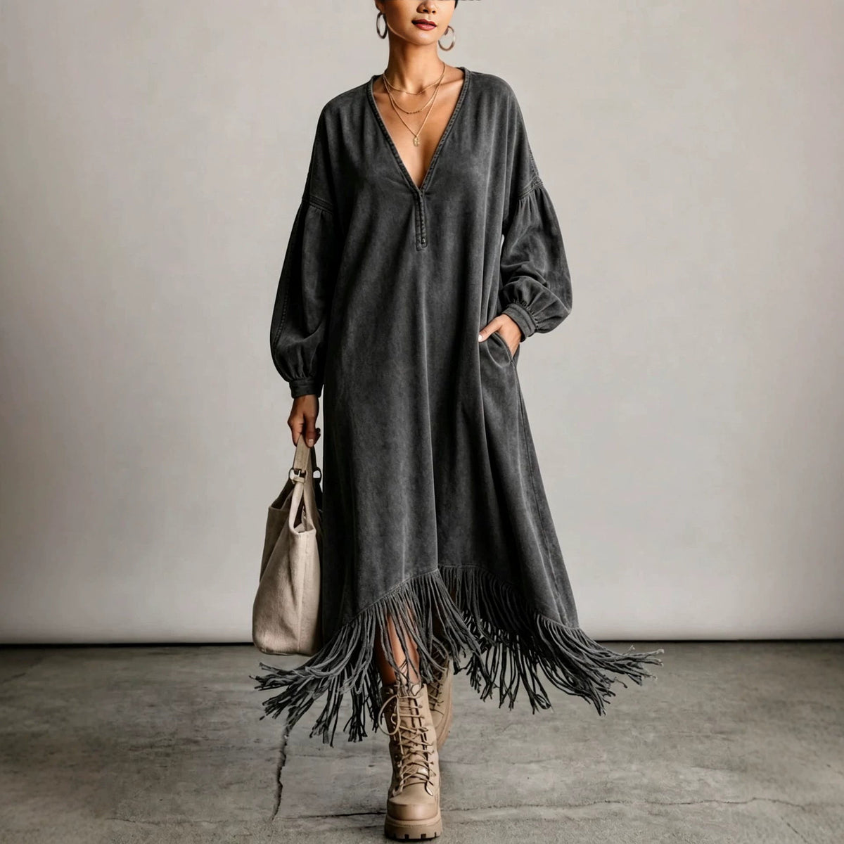 Boho Casual Deep V Neck Fringe Hem Oversized Midi Dress