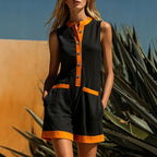 Contrast Trim Sleeveless Linen Short Jumpsuit