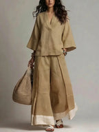French V-Neck Three-Quarter Sleeve Shirt + Contrasting Color Wide-Leg Pants Suit For Women