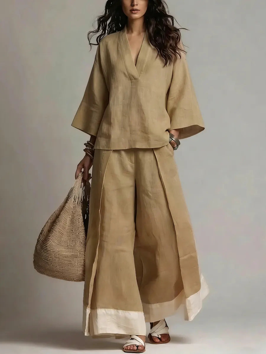 French V-Neck Three-Quarter Sleeve Shirt + Contrasting Color Wide-Leg Pants Suit For Women