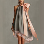 Grey Crinkle Halter Satin Big Bow Lace Hem Mini Dress