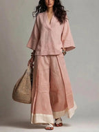 French V-Neck Three-Quarter Sleeve Shirt + Contrasting Color Wide-Leg Pants Suit For Women