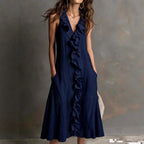 🌿 Ruffle V-Neck Sleeveless Midi Dress