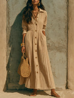 Women'S Crinkle‑Textured Collared Button‑Front Maxi Shirt Dress