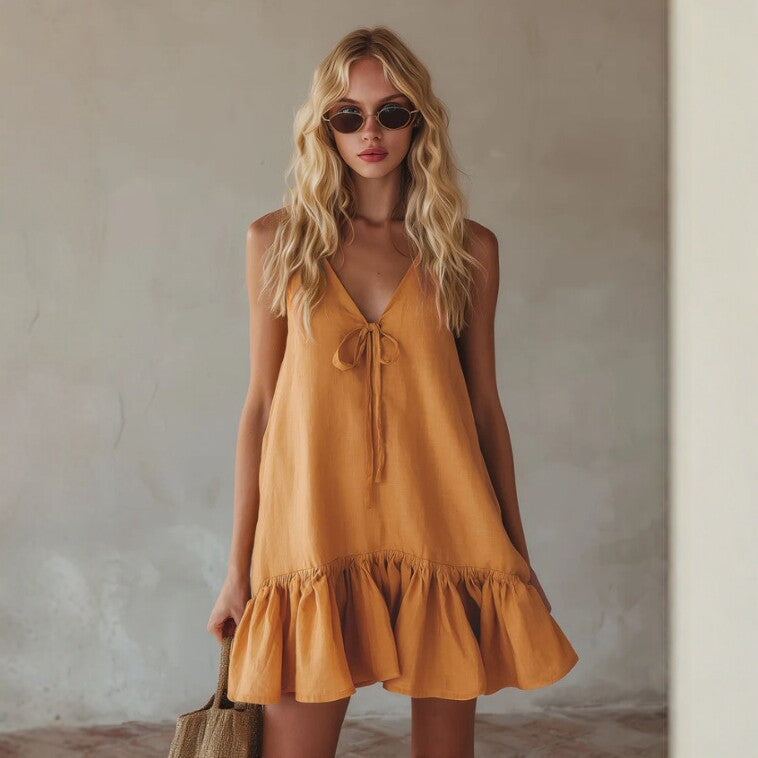 Mustard Tie Front Spaghetti Strap Linen Mini Dress